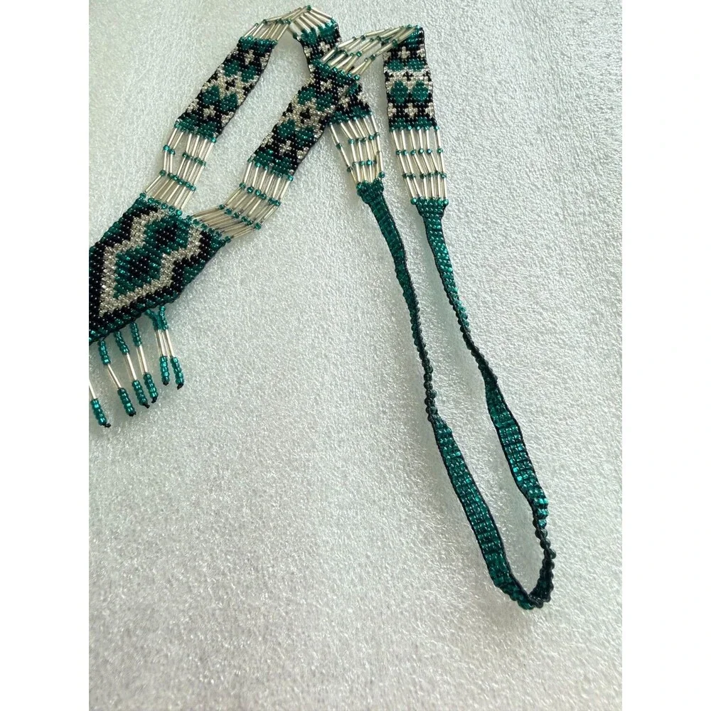 Vintage Native American Style Seed Bead Fringe Statement Necklace Teal Silver D